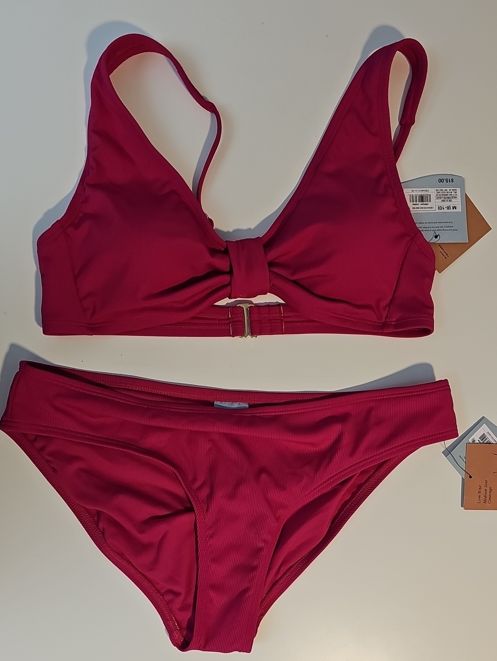 Shade & Shore Women's M Fuchsia Ribbed Bikini Set with Knot-Front Top